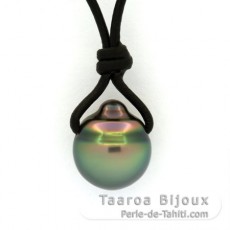 Collana in Cuoio e 1 Perla di Tahiti Cerchiate B 10.9 mm