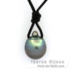 Collana in Cuoio e 1 Perla di Tahiti Cerchiate C 10.1 mm