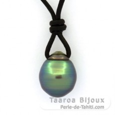 Collana in Cuoio e 1 Perla di Tahiti Cerchiate C 11.3 mm