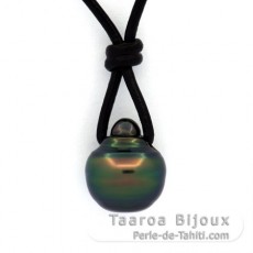 Collana in Cuoio e 1 Perla di Tahiti Cerchiate B 11.5 mm