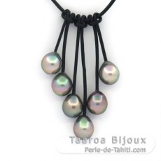 Collana in Cuoio e 6 Perle di Tahiti Semi-Barocche B/C di 8.7 a 8.8 mm
