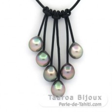 Collana in Cuoio e 6 Perle di Tahiti Semi-Barroca B/C di 8.7 a 8.8 mm