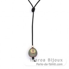 Collana in Cuoio e 1 Perla di Tahiti Semi-Barroca B/C 10.9 mm