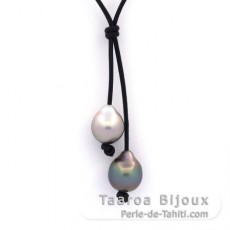 Collana in Cuoio e 2 Perle di Tahiti Semi-Barroca B/C di 12 a 12.4 mm