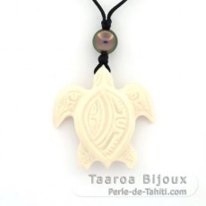 Collana in Cotone, Pendente in Osso e 1 Perla di Tahiti Rotonda B/C 9.1 mm