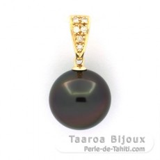 Ciondolo in Oro 14K + 6 Diamanti e 1 Perla di Tahiti Rotonda B 11.5 mm