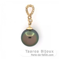 Ciondolo in Oro 14K + 13 Diamanti e 1 Perla di Tahiti Rotonda B 9.7 mm