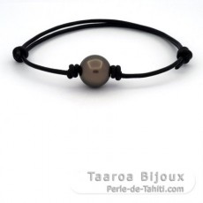 Braccialetto in Cuoio e 1 Perla di Tahiti Rotonda C/D 12.5 mm