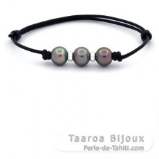 Braccialetto in Cuoio e 3 Perle di Tahiti Semi-Barocca C da 9.4 a 9.8 mm