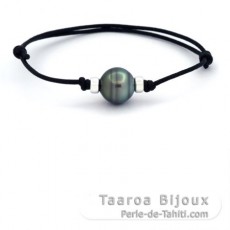Braccialetto in Cotone Cerato e 1 Perla di Tahiti Cerchiate C 13 mm
