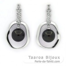 Orecchini in Argento e 2 Perle di Tahiti 1 Rotonda & 1 Semi-Rotonda C 9.6 e 9.7 mm