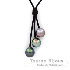 Collana in Cuoio e 3 Perle di Tahiti Semi-Barocche C da 9.8 a 9.9 mm