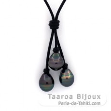 Collana in Cuoio e 3 Perle di Tahiti Cerchiate C da 10.5 a 10.8 mm
