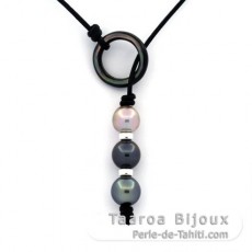 Collana in Cuoio e 3 Perle di Tahiti Semi-Barroca C da 9.2 a 10.3 mm