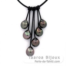 Collana in Cuoio e 6 Perle di Tahiti Semi-Barroca B/C da 8.6 a 9.4 mm
