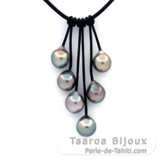 Collana in Cuoio e 6 Perle di Tahiti Semi-Barroca B/C da 9.3 a 9.7 mm