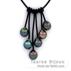 Collana in Cuoio e 6 Perle di Tahiti Semi-Barroca B da 8.7 a 8.9 mm