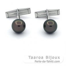 Gemelli in Argento e 2 Perle di Tahiti Rotonda C 10.5 mm