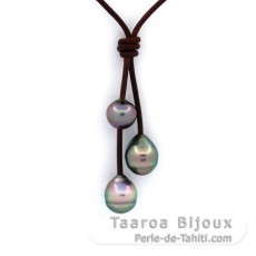 Collana in Cuoio e 3 Perle di Tahiti Cerchiate C da 9 a 10 mm