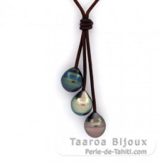 Collana in Cuoio e 3 Perle di Tahiti Cerchiate C de 11.2 mm