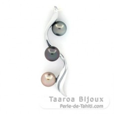 Ciondolo in Argento e 3 Perle di Tahiti Rotonde C di 8.2 a 8.4 mm